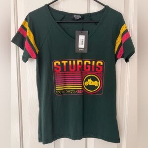 Sturgis South Dakota Graphic Tee - Dark Green with Yellow & Pink